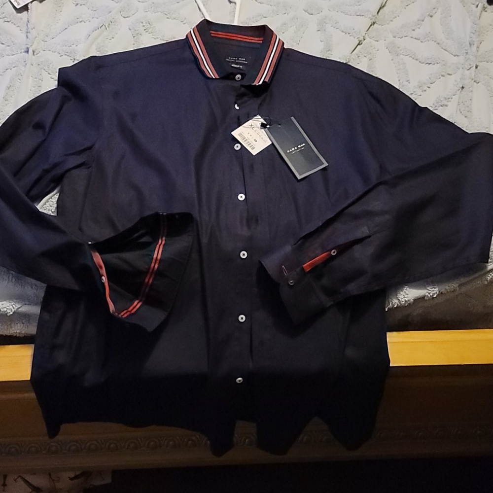 Zara Man longe sleeve button up navy blue